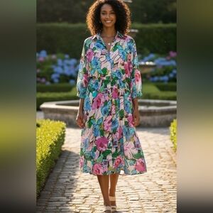 VTG 1940s-50s SITA Dress Womens Size L Colorful Floral Print Midi art  Pockets